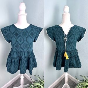 THML Blouse Size Small Emerald Green Peplum Top Pom Pom Trim Tassel Back Tie EUC